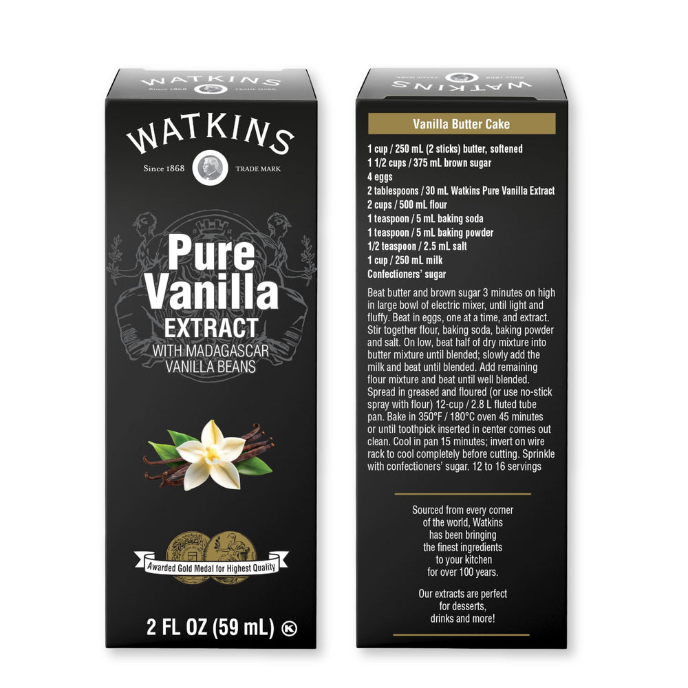 Watkins Madagascar vanilla beans visible inside extract for authentic aroma.