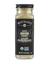 Watkins Onion Powder in a square glass grinder for easy, mess-free seasoning.
