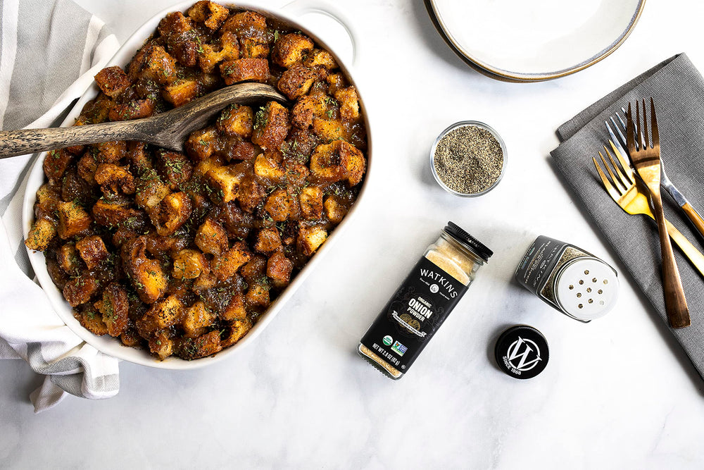 USA-packaged Watkins spices in recyclable glass bottle for eco-conscious shoppers.
