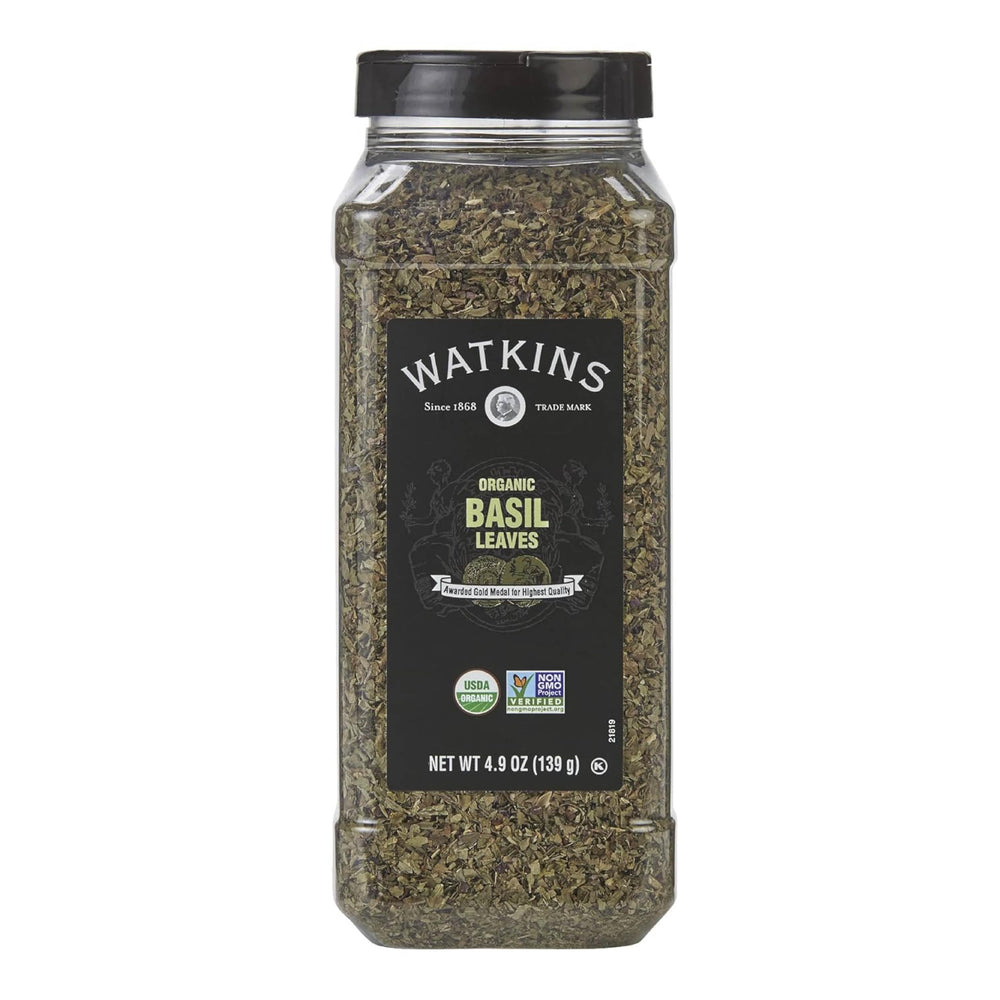 Watkins Organic Basil bulk pack front view highlighting premium flavor in kitchens