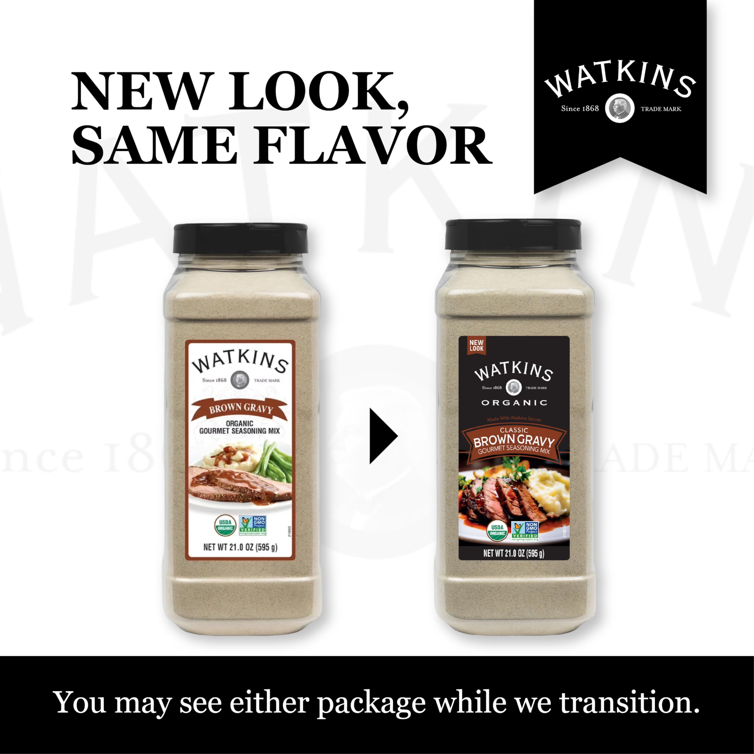 Watkins Organic Brown Gravy Seasoning dry-mix closeup shows rich, savory flavor potential for meals.