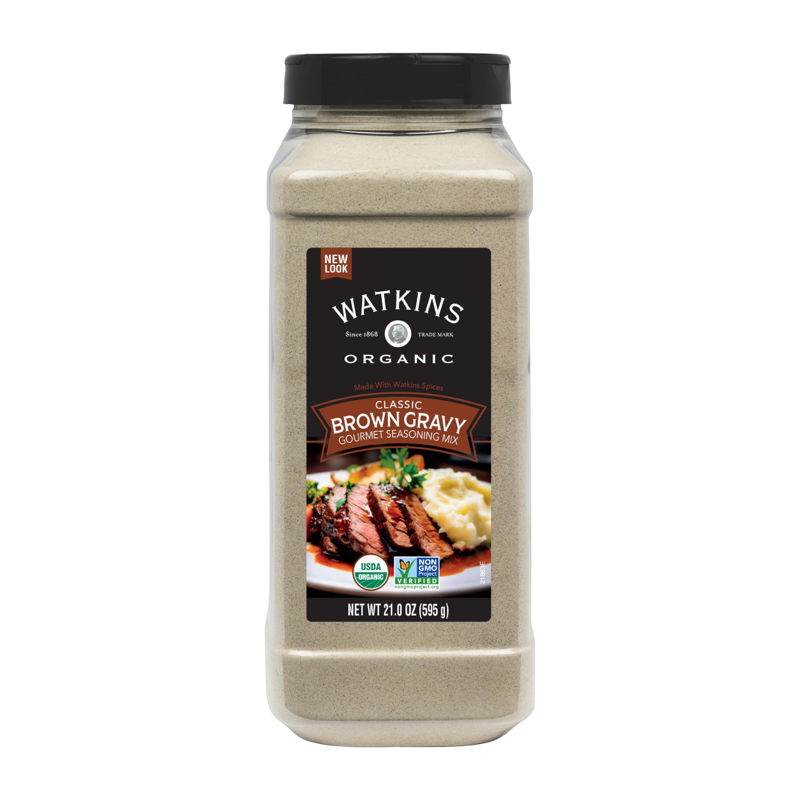 Watkins Organic Brown Gravy Seasoning packaging for quick, mess-free gravies.