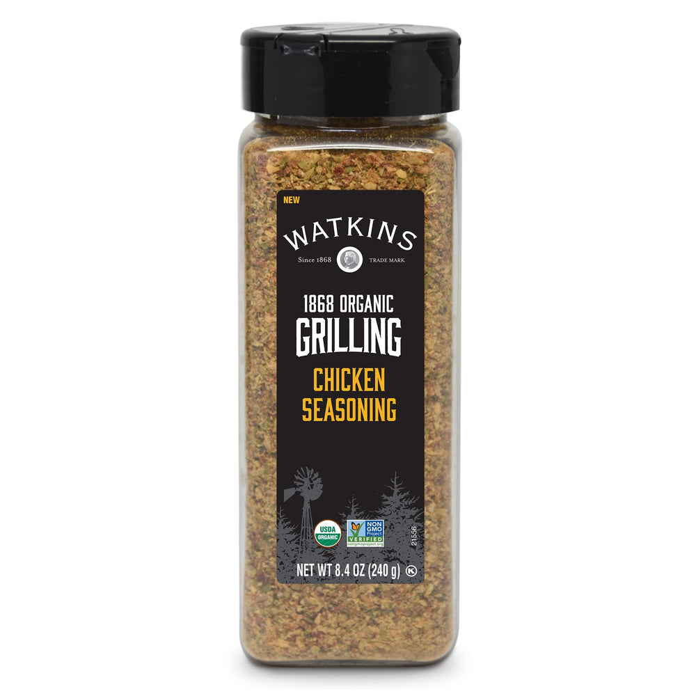 Watkins Organic Chicken Seasoning bottle closeup for quick, flavorful poultry dishes