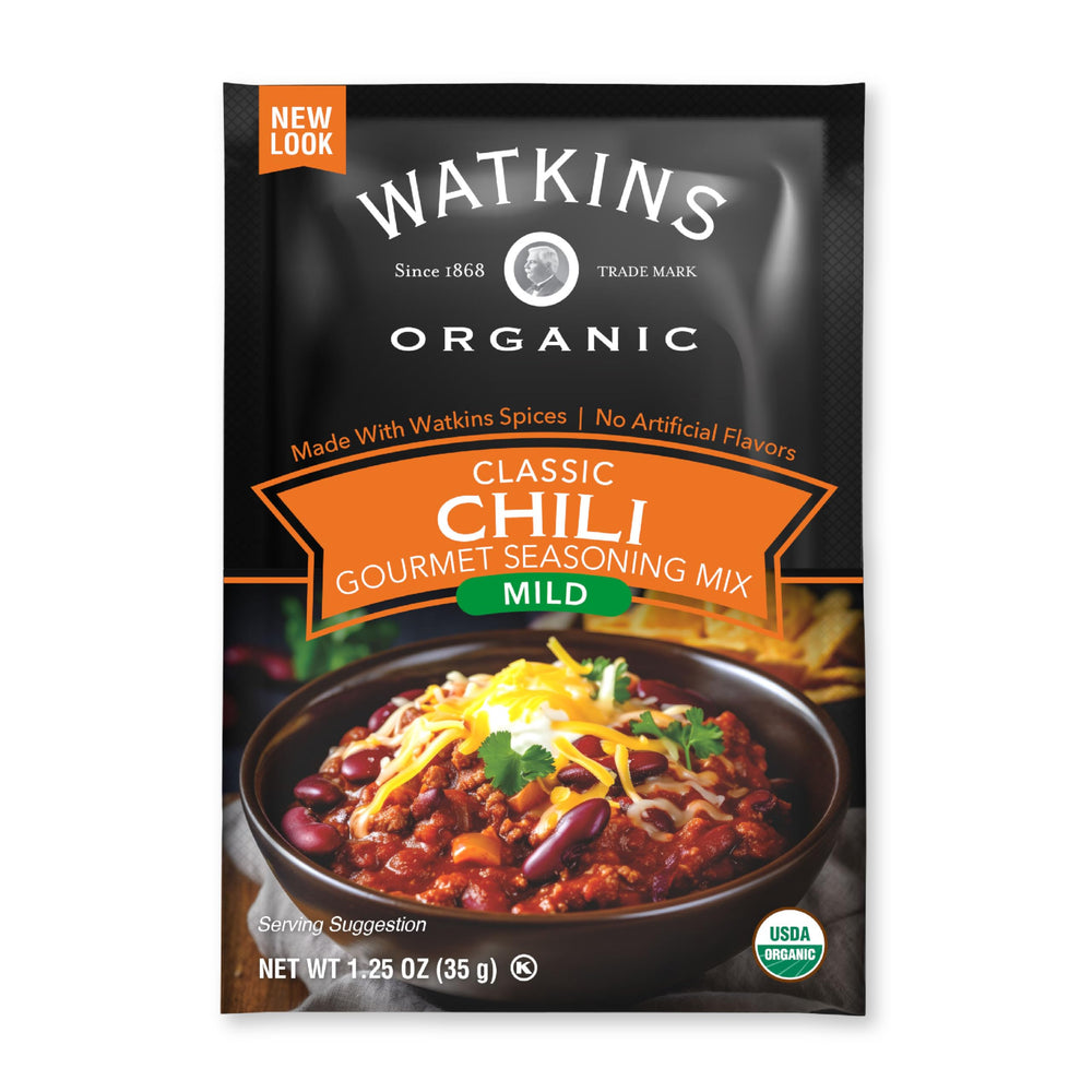 Watkins Organic Gourmet Seasoning Mix Mild Chili pouch for quick flavor boost.