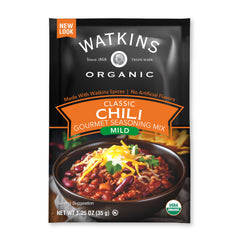 Watkins Organic Gourmet Seasoning Mix Mild Chili pouch for quick flavor boost.