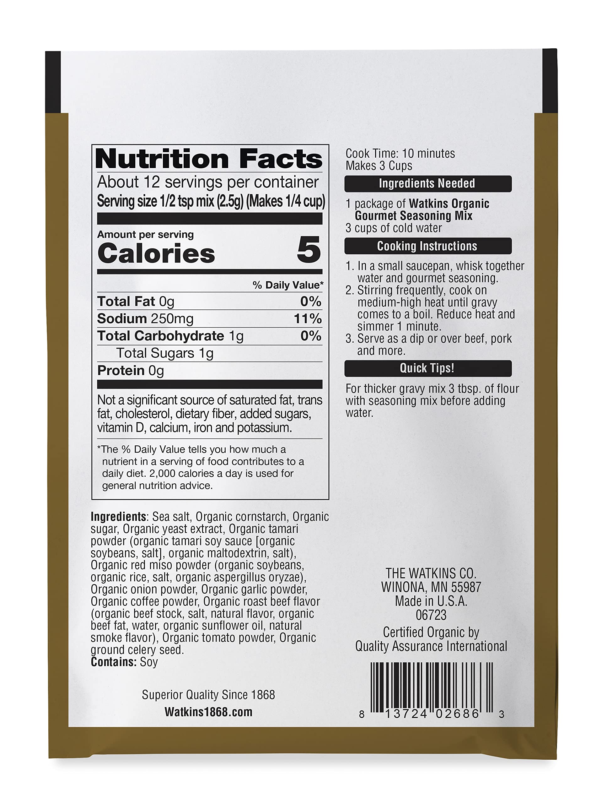 Watkins Organic Gourmet Seasoning packaging close-up for clean flavor.