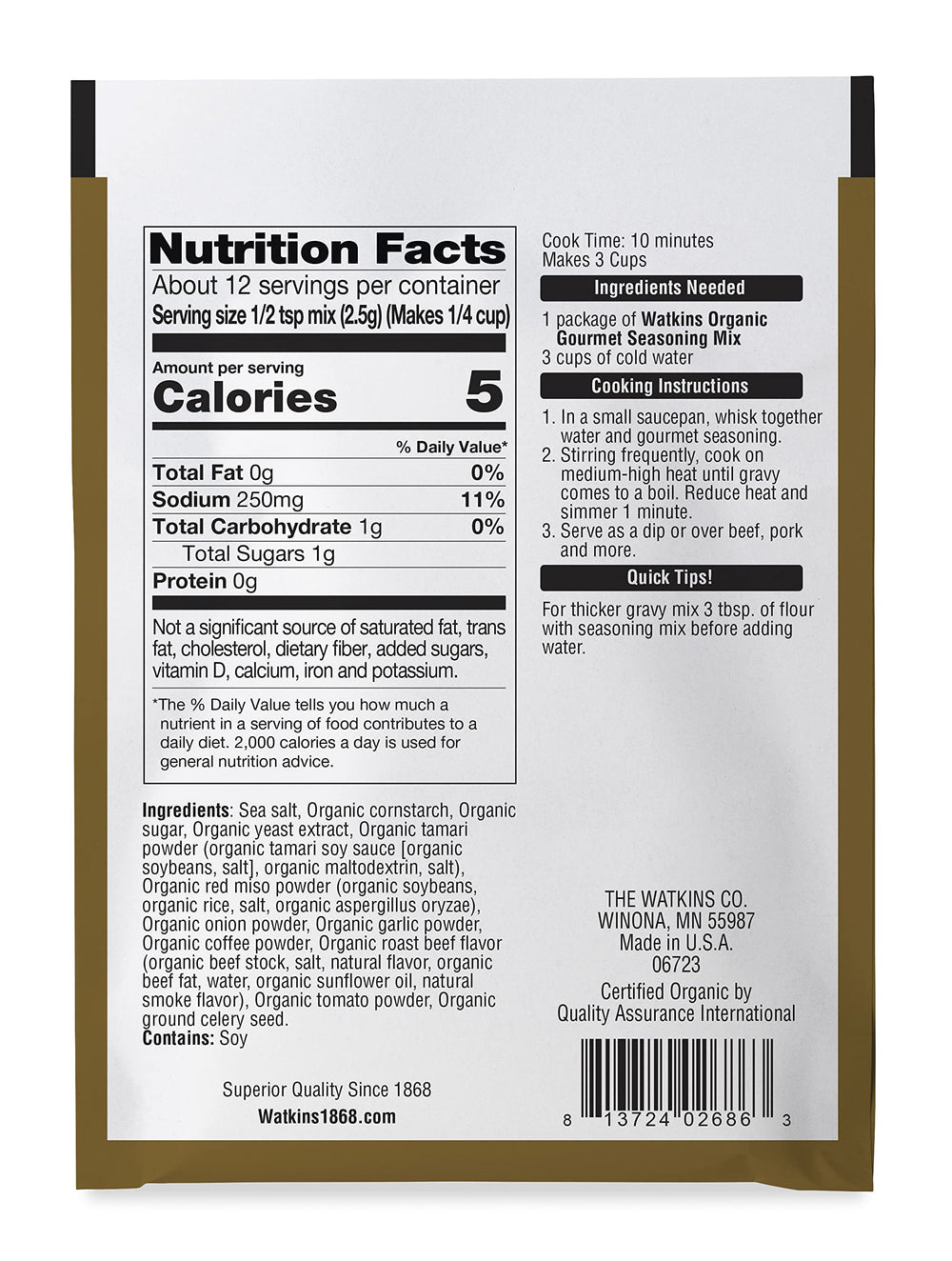 Watkins Organic Gourmet Seasoning packaging close-up for clean flavor.