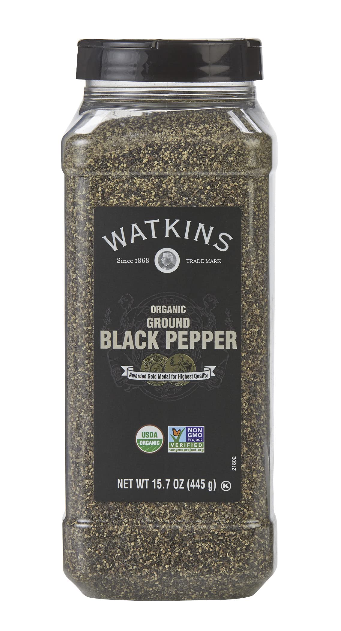 Watkins Organic Ground Black Pepper bottle showing dark pepper grains for rich flavor enhancement.
