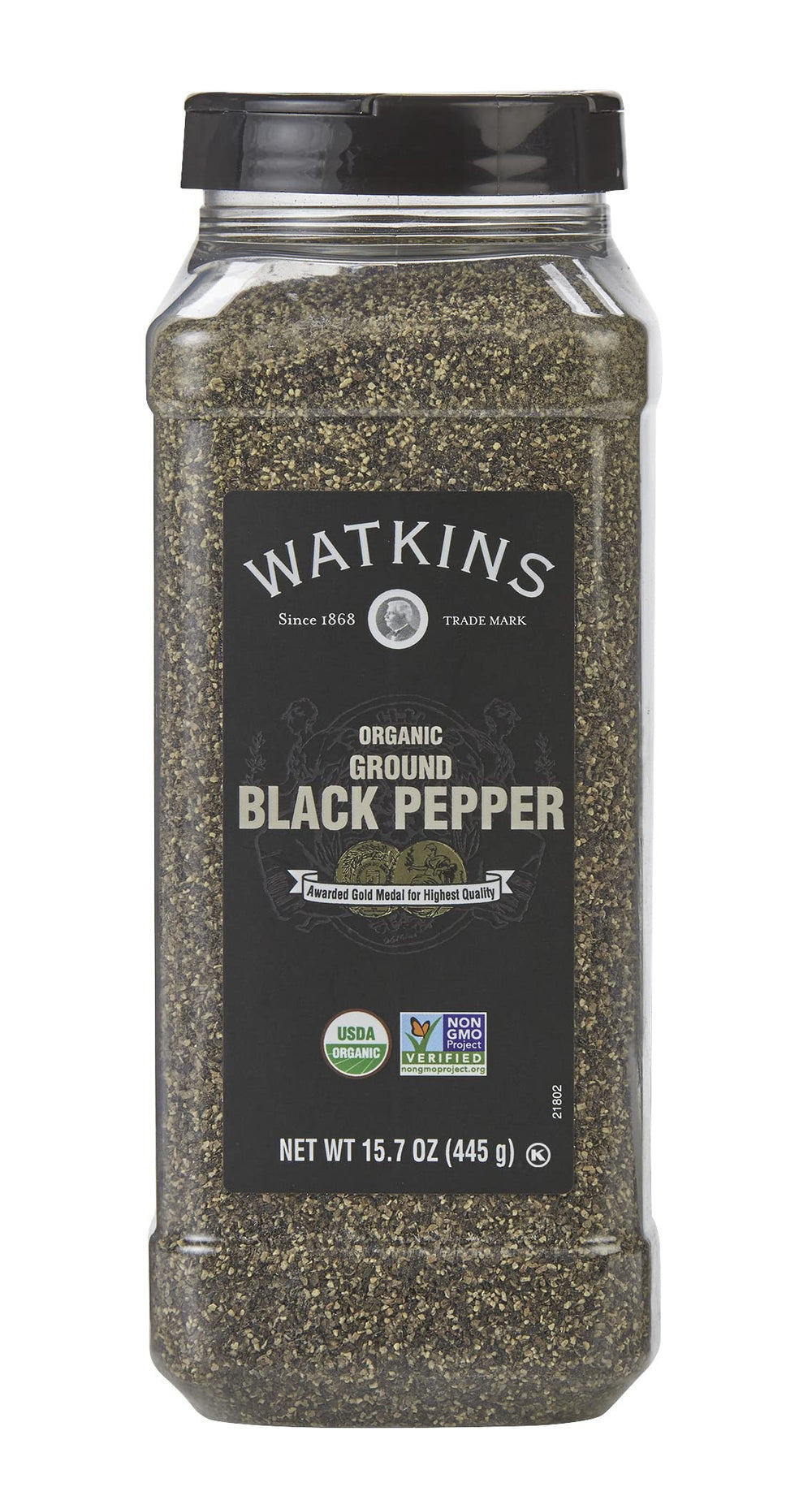 Watkins Organic Ground Black Pepper bottle showing dark pepper grains for rich flavor enhancement.