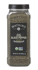 Watkins Organic Ground Black Pepper bottle showing dark pepper grains for rich flavor enhancement.