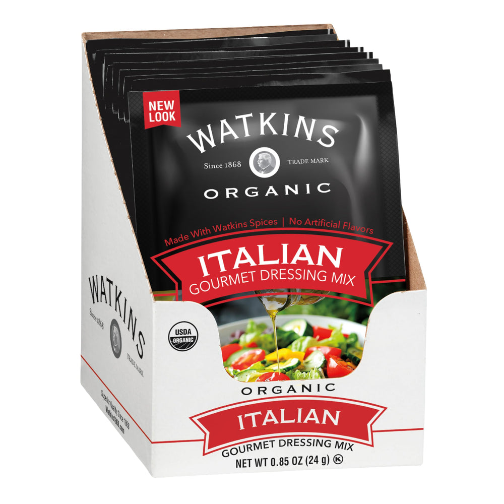 Watkins Organic Italian Dressing Mix 12-pack packaging shows convenient, no-measure packets for quick dressings.