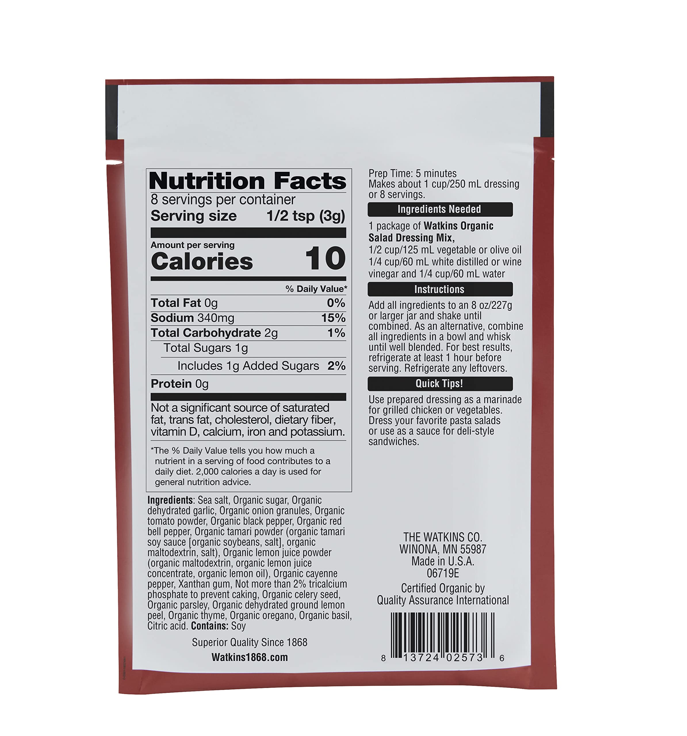 Watkins Organic Italian Dressing Mix single-use pouches close-up highlights mess-free, on-the-go prep.