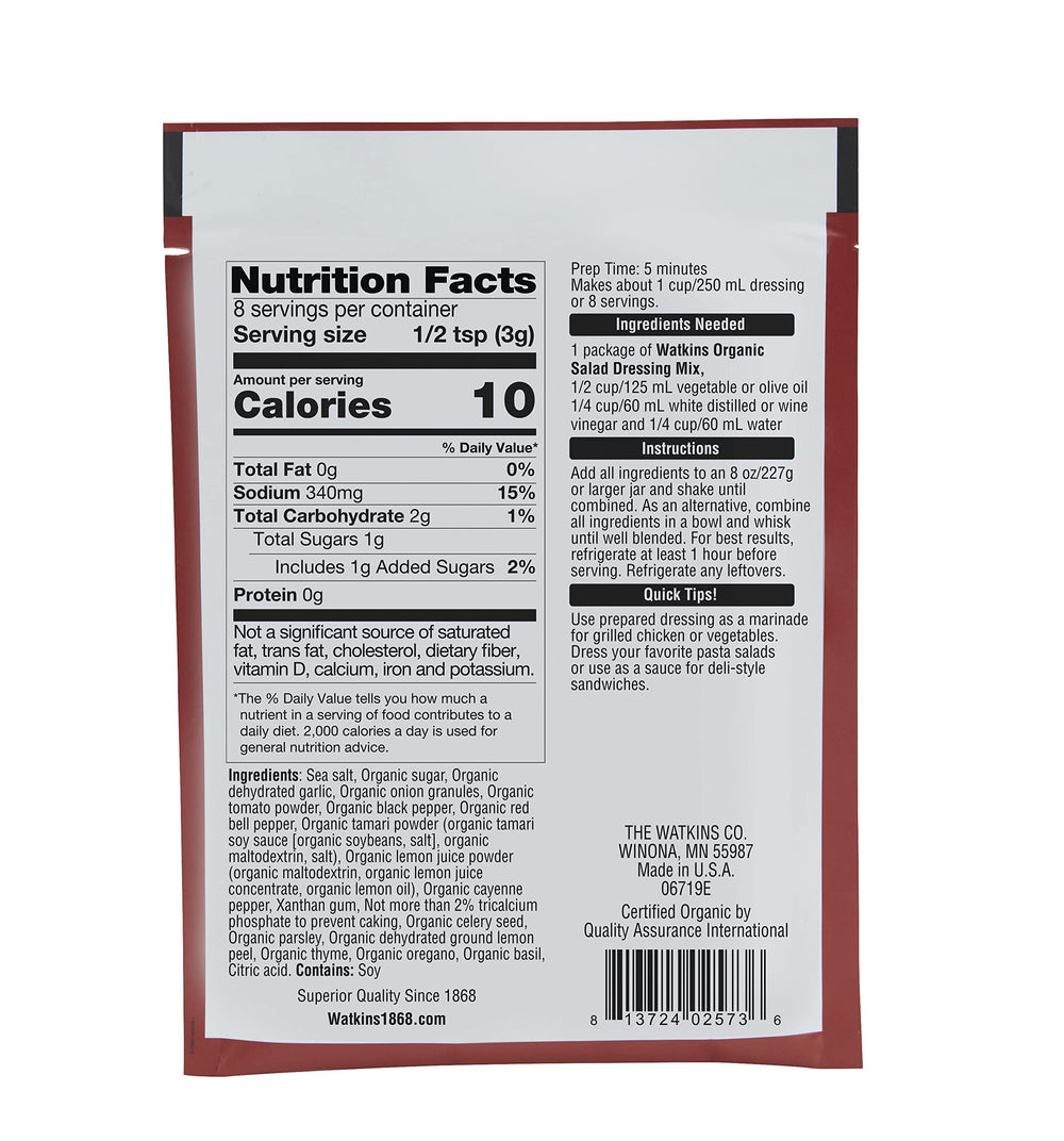 Watkins Organic Italian Dressing Mix single-use pouches close-up highlights mess-free, on-the-go prep.