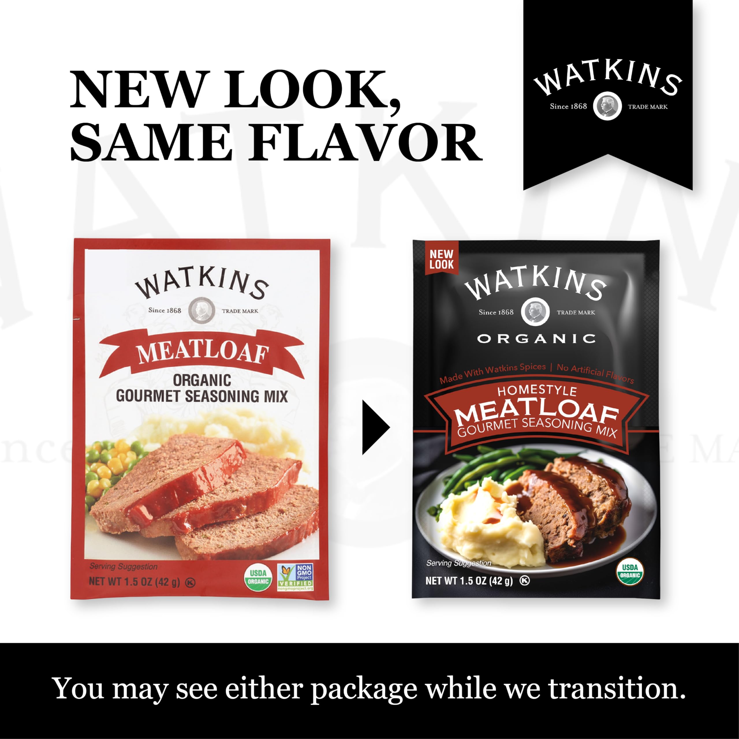 Watkins pouch label highlights USDA Organic and Kosher certifications.