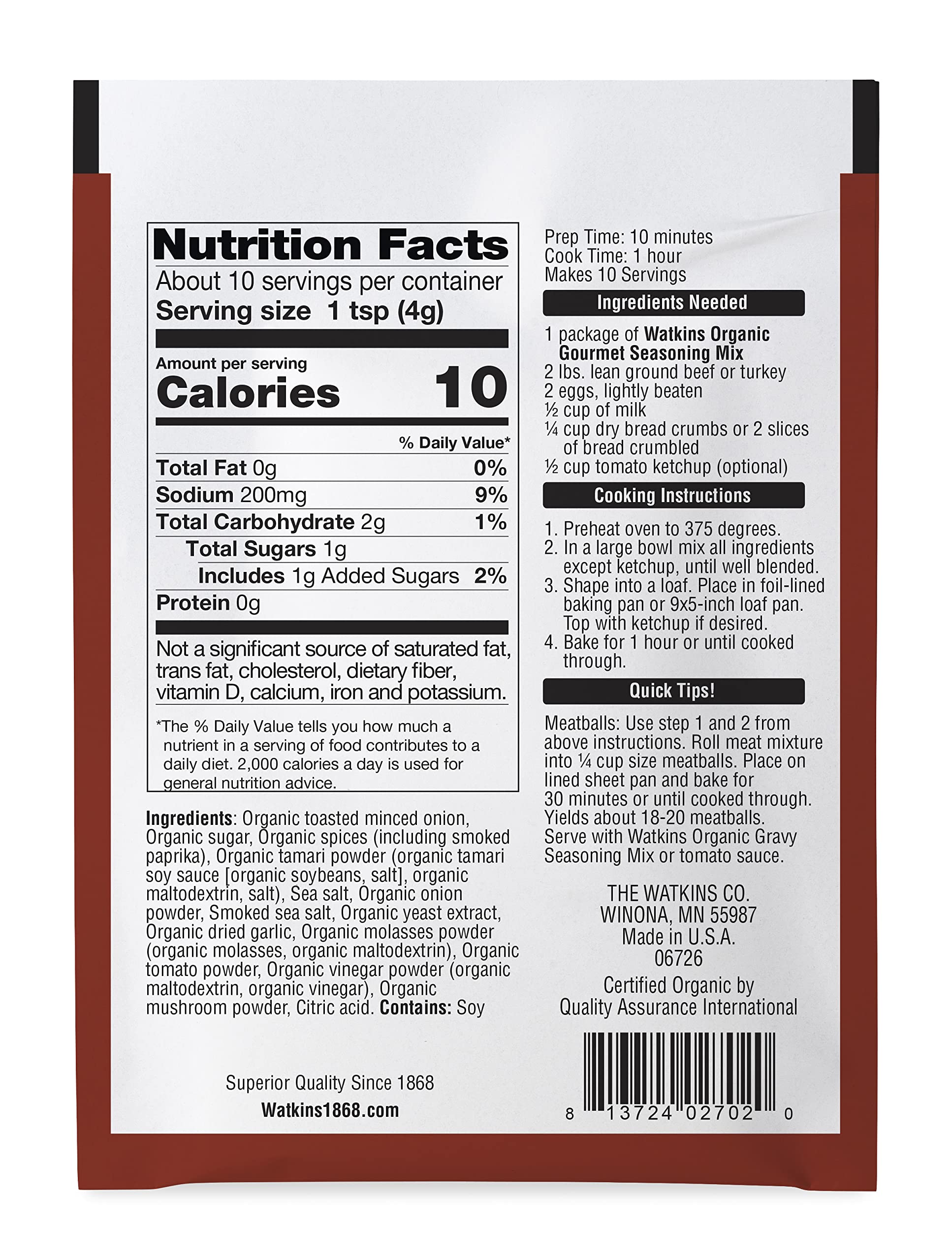 Watkins Organic Meatloaf Seasoning Pour shows easy, even seasoning for meat.