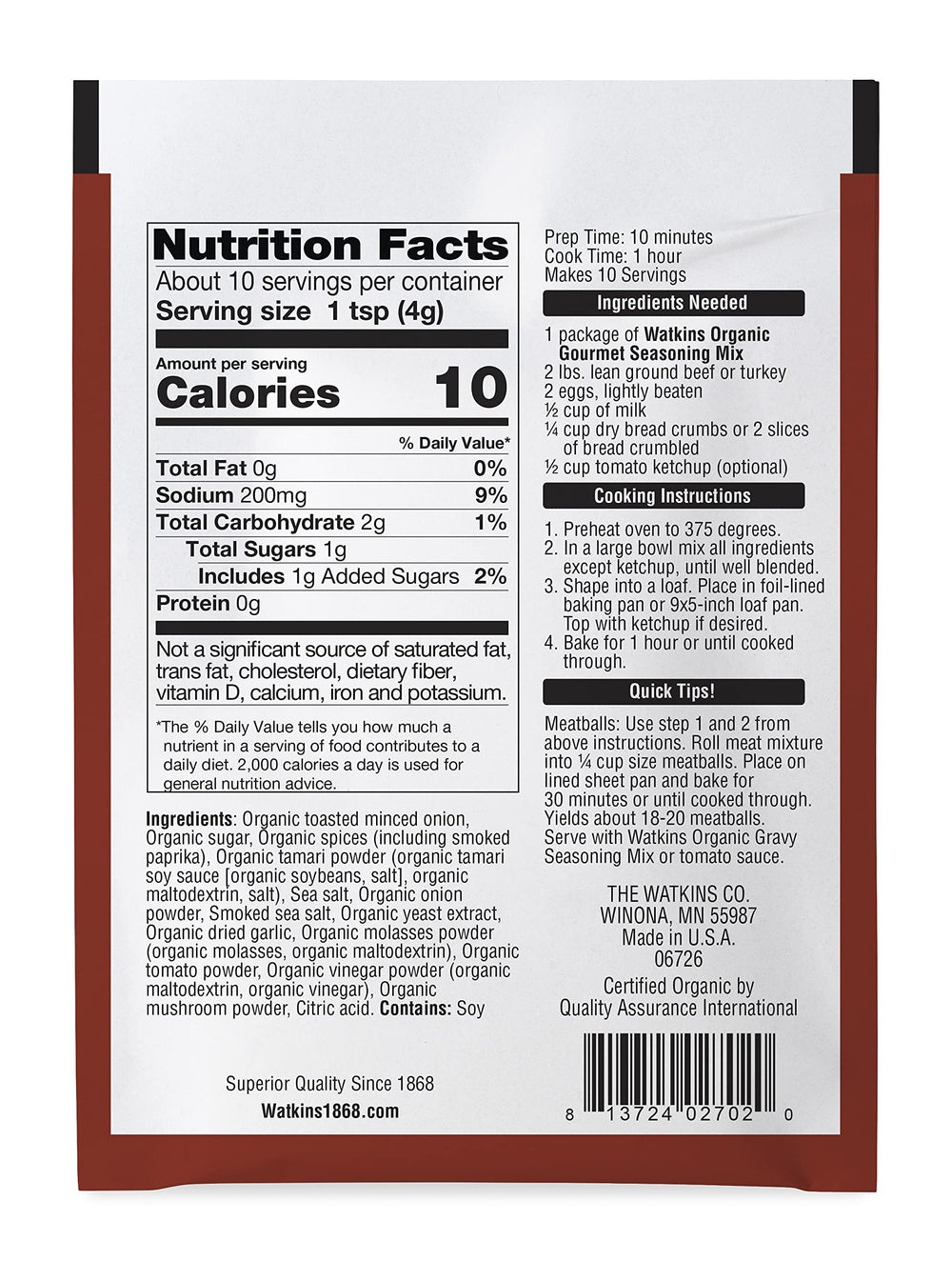 Watkins Organic Meatloaf Seasoning Pour shows easy, even seasoning for meat.