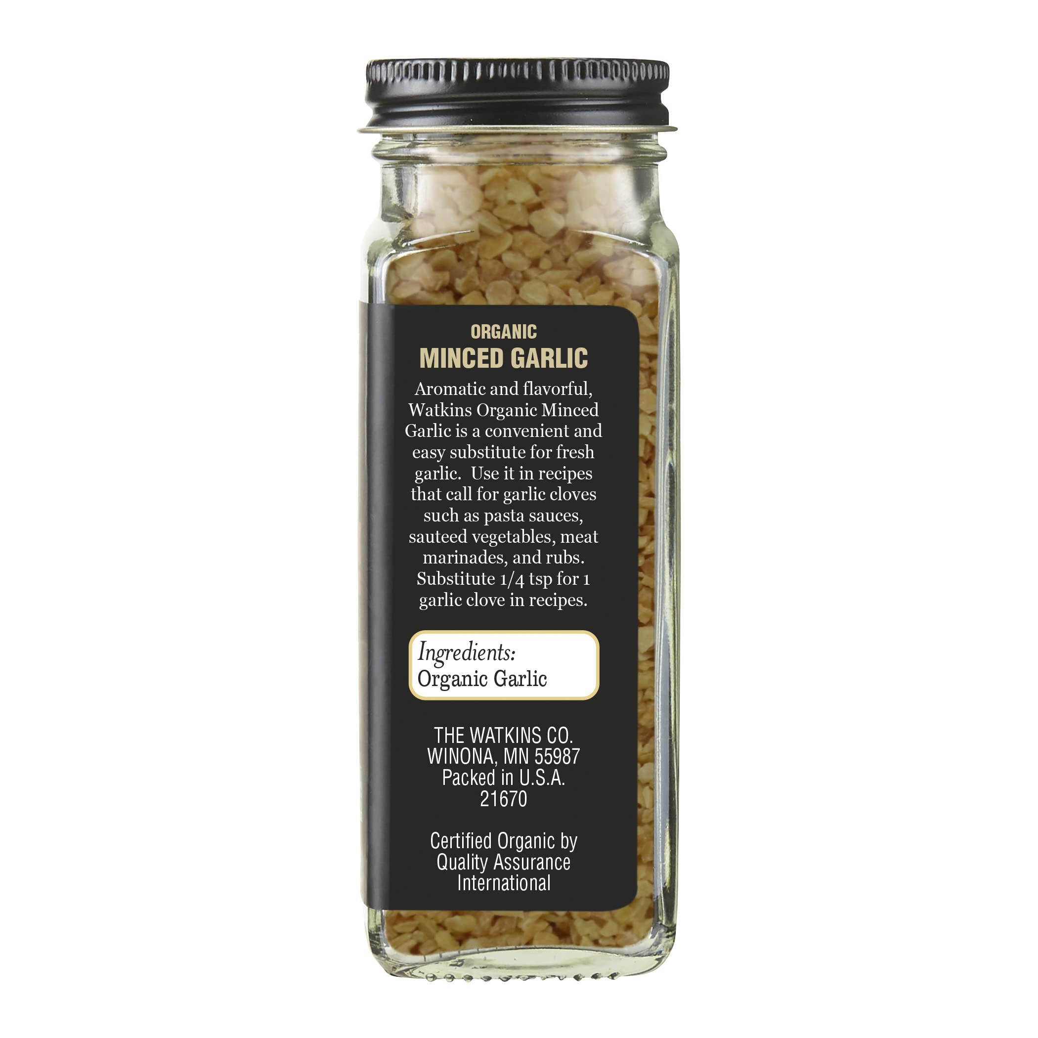 Watkins Organic Minced Garlic jar closeup highlights texture for flavor boost.