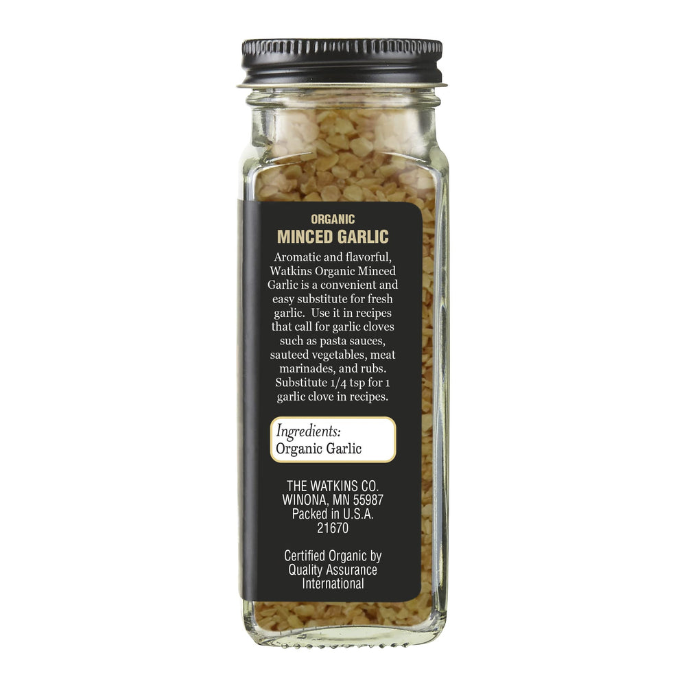 Watkins Organic Minced Garlic jar closeup highlights texture for flavor boost.