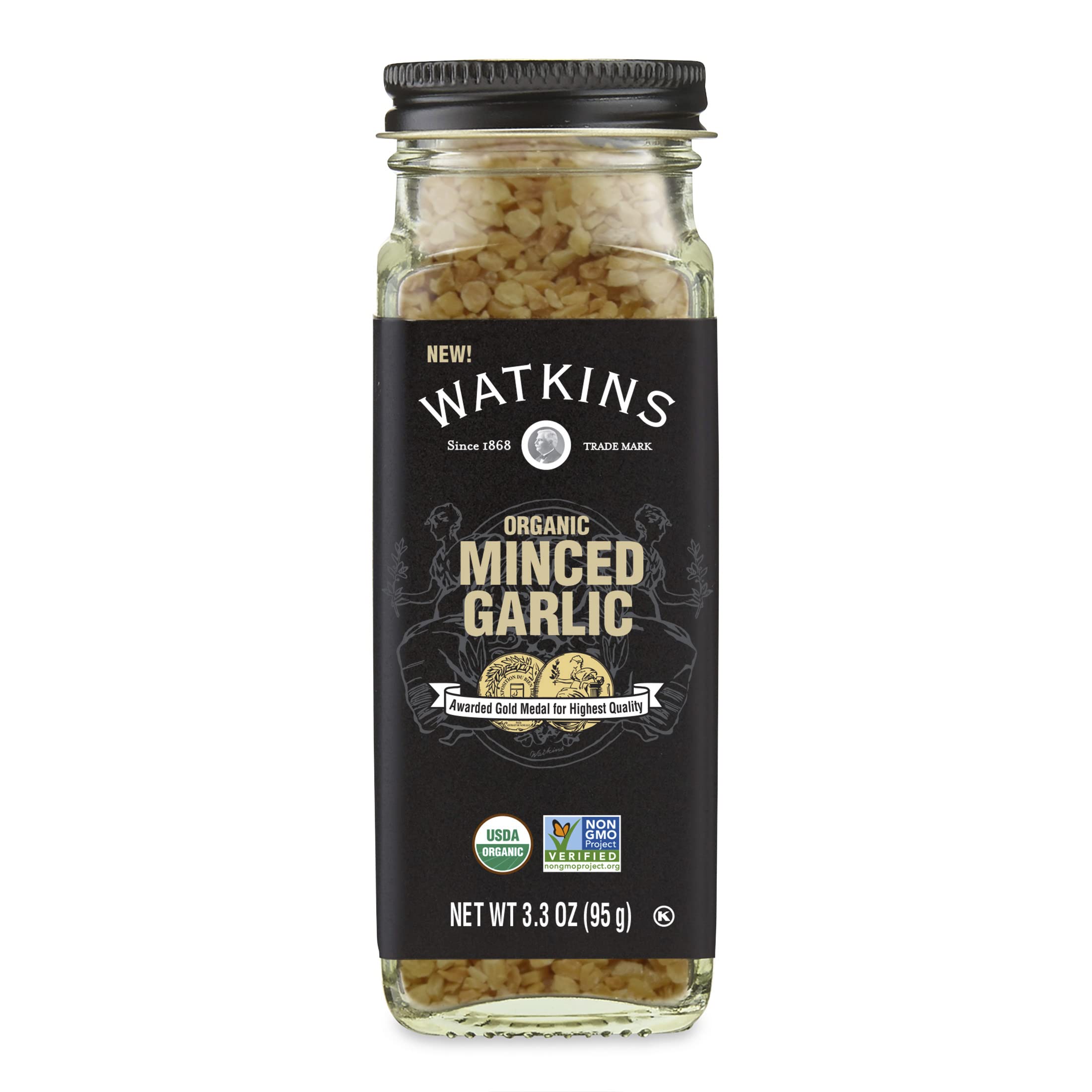 Watkins Organic Minced Garlic jar front enhances sauces with rich aroma.