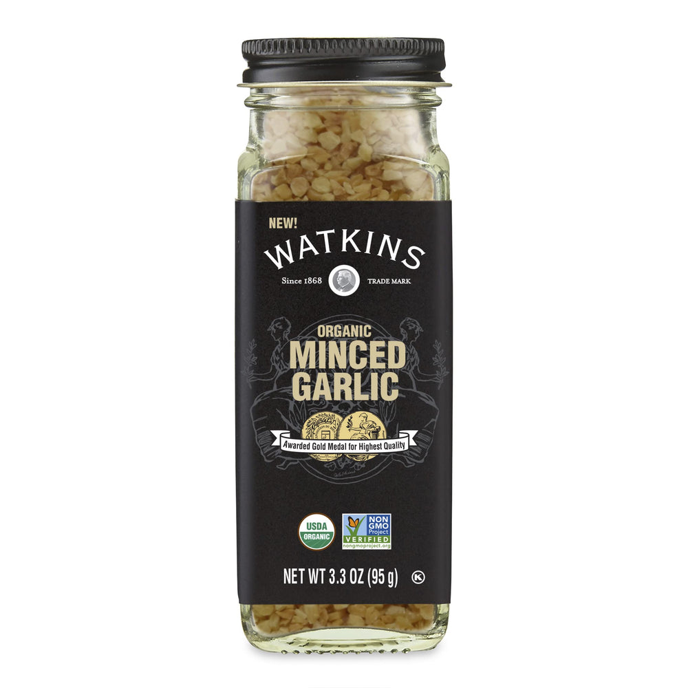 Watkins Organic Minced Garlic jar front enhances sauces with rich aroma.