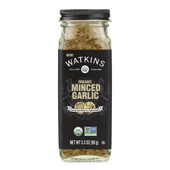 Watkins Organic Minced Garlic jar front enhances sauces with rich aroma.
