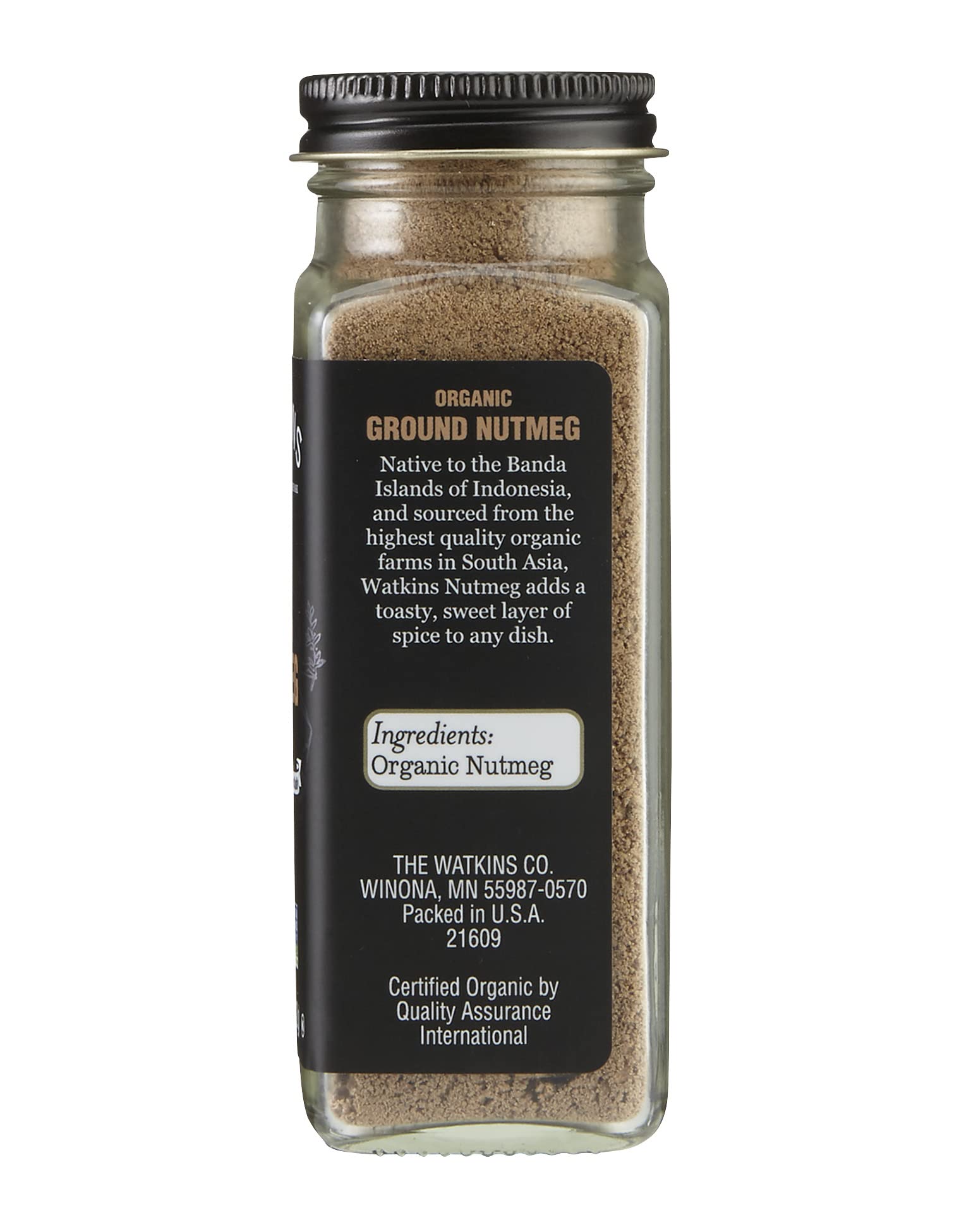 Watkins organic nutmeg spice jar label, ideal for organized pantries.