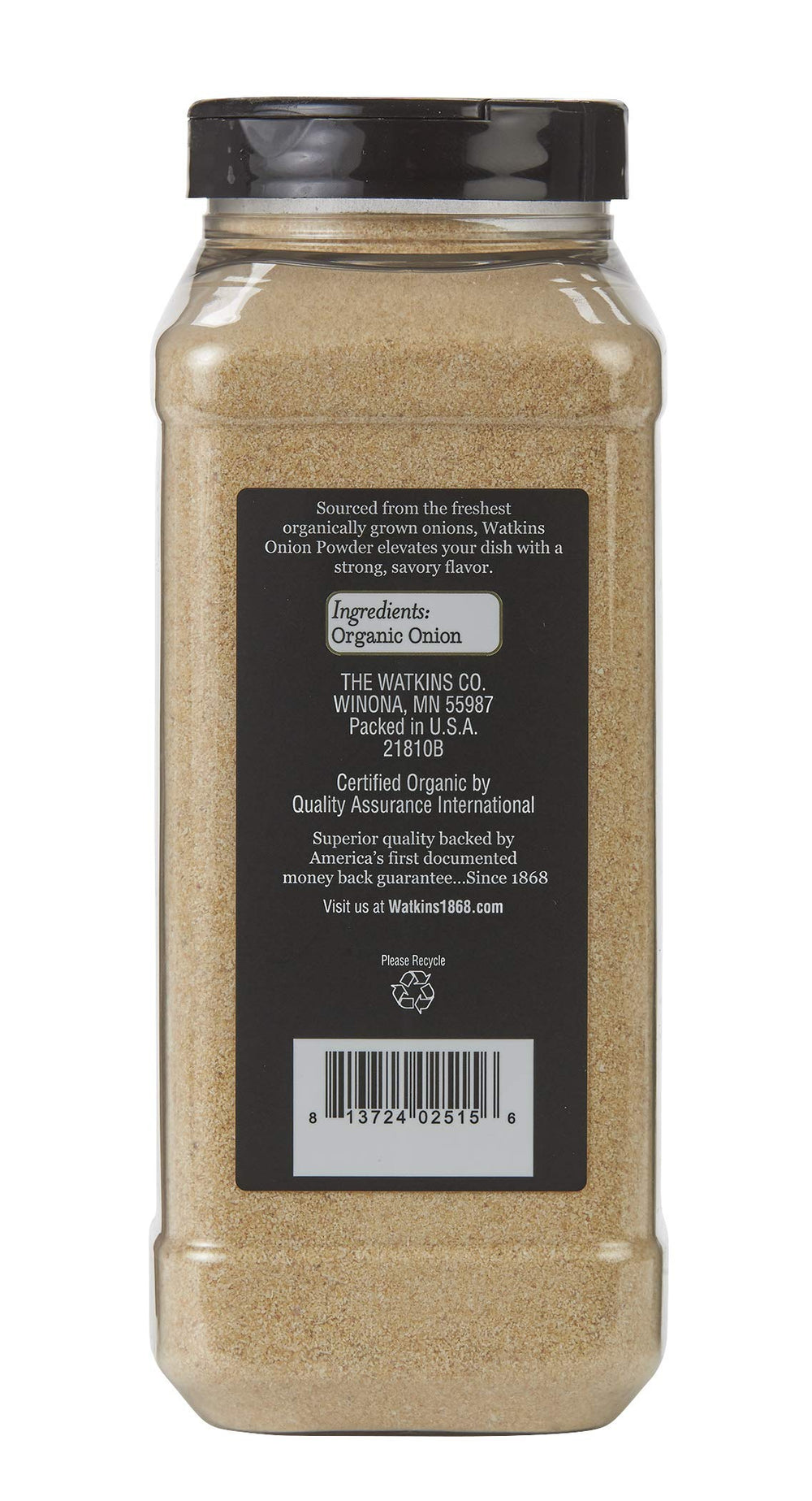 Fine-texture Watkins onion powder being sprinkled over soup.