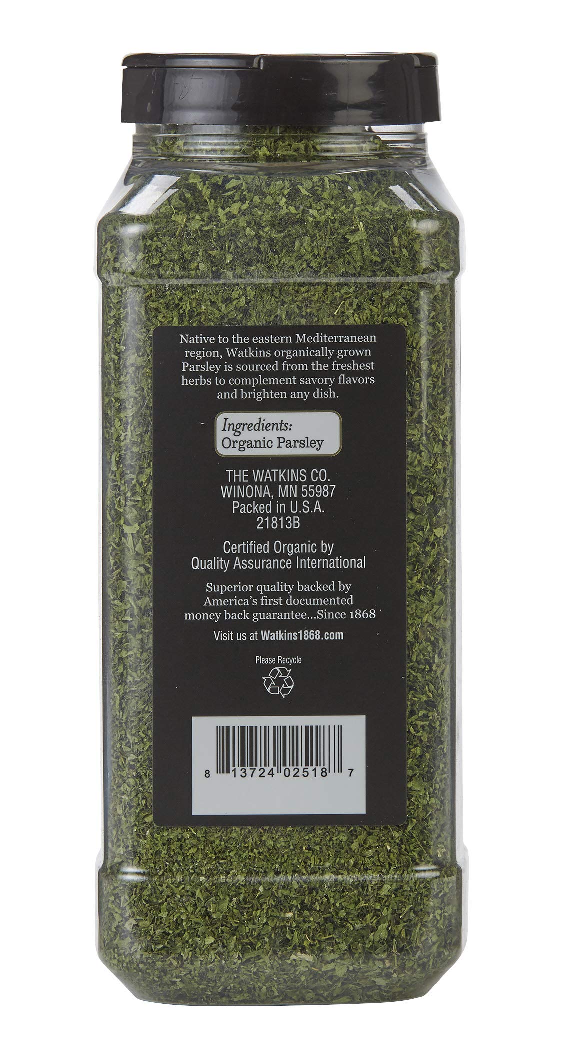 Watkins Organic Parsley bulk label indicating premium quality and certifications