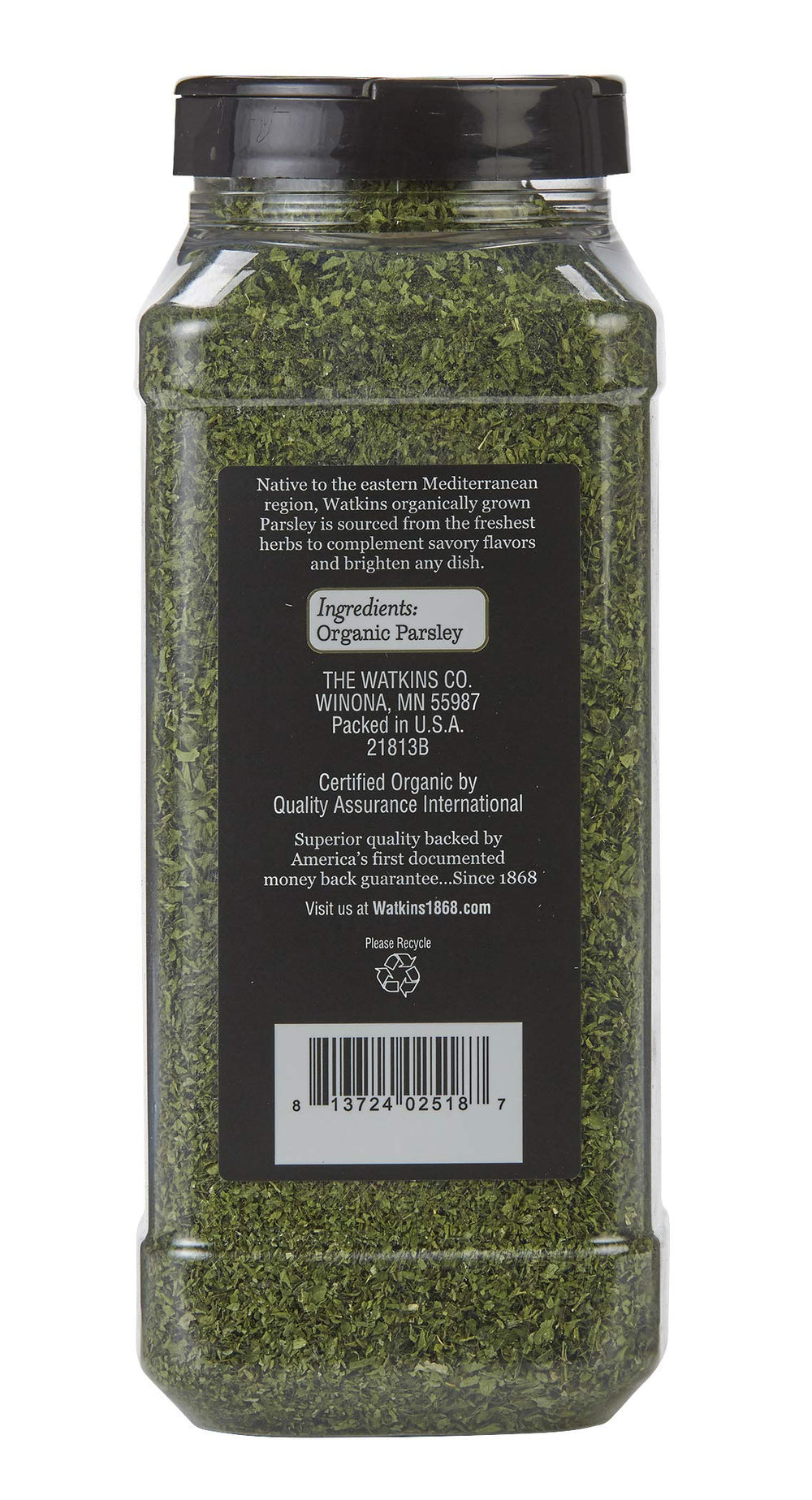 Watkins Organic Parsley bulk label indicating premium quality and certifications