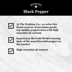 Watkins organic black pepper jar with USDA label ensures clean, natural seasoning for family recipes.