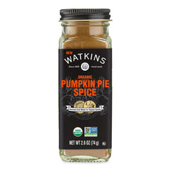 Watkins Organic Pumpkin Pie Spice bottle delivering warm aroma for baking and beverages.