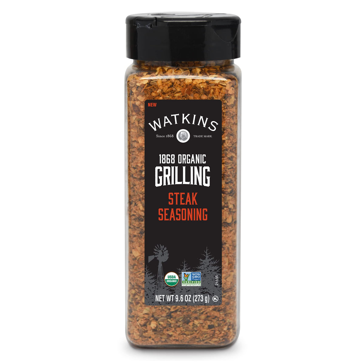 Watkins Organic Steak Seasoning bottle pour showing grill-ready flavor for steaks
