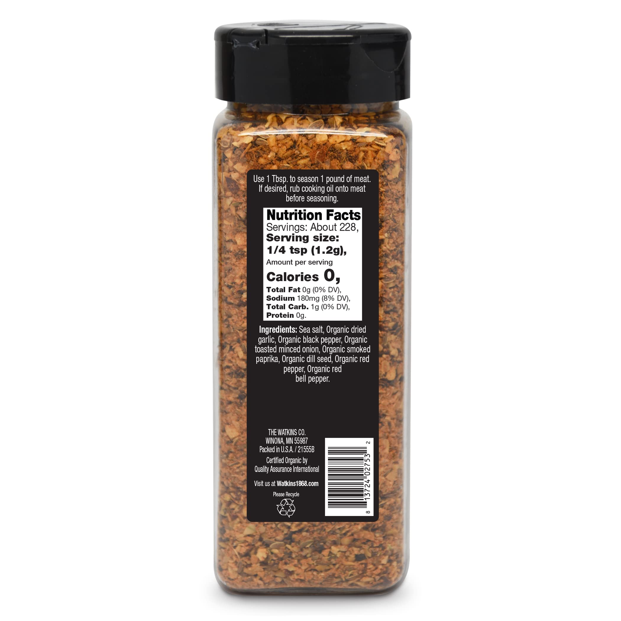 Watkins Organic Steak Seasoning jar close-up highlighting gourmet spices and herbs