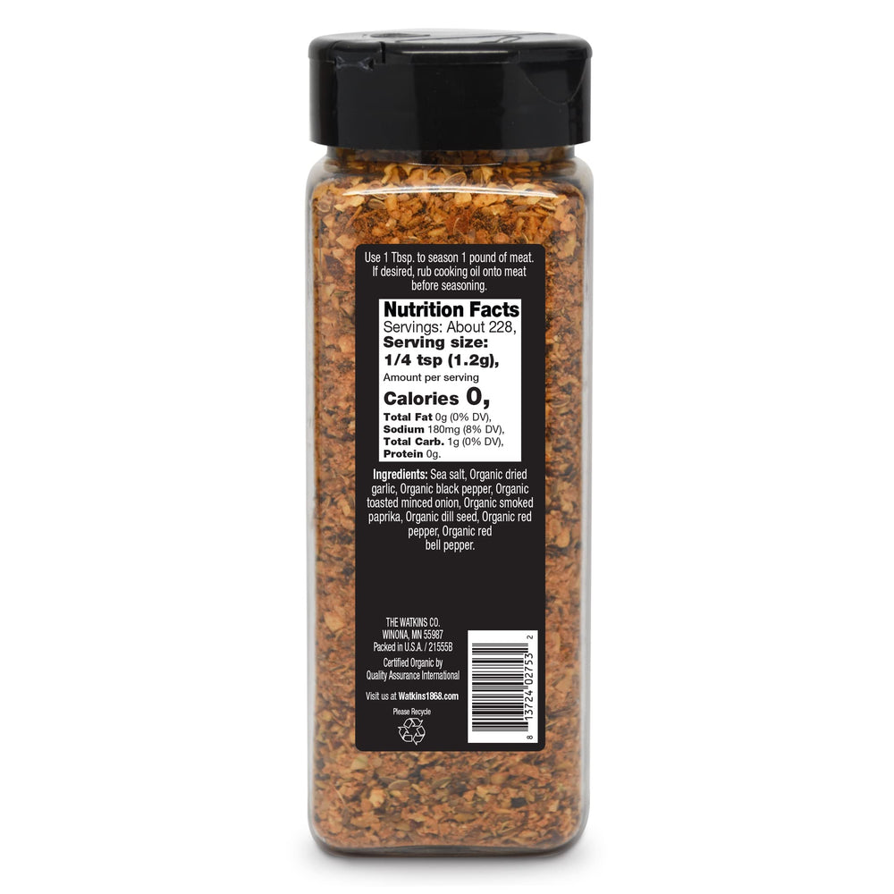 Watkins Organic Steak Seasoning jar close-up highlighting gourmet spices and herbs