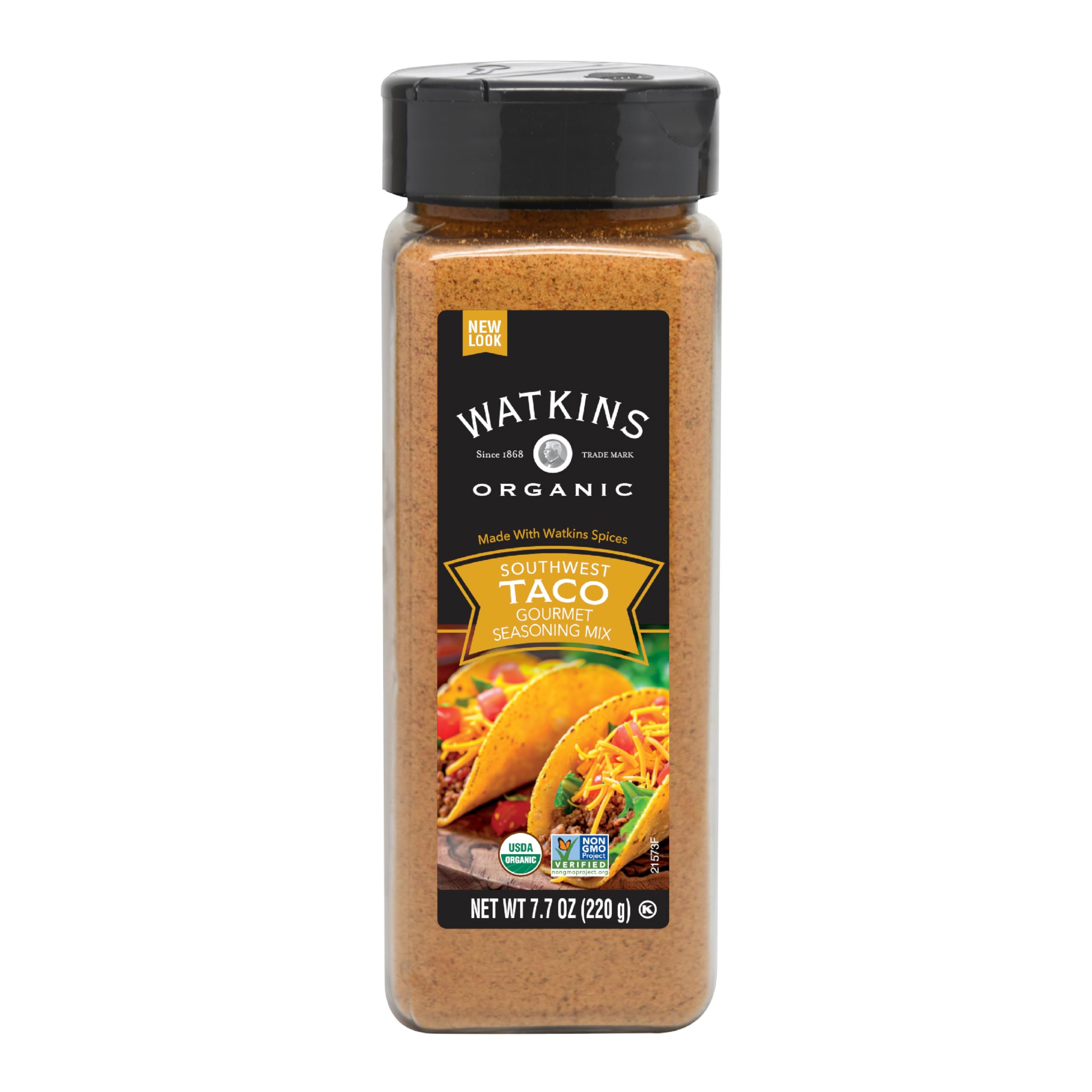 Watkins Organic Taco Seasoning bottle front enhances weeknight tacos