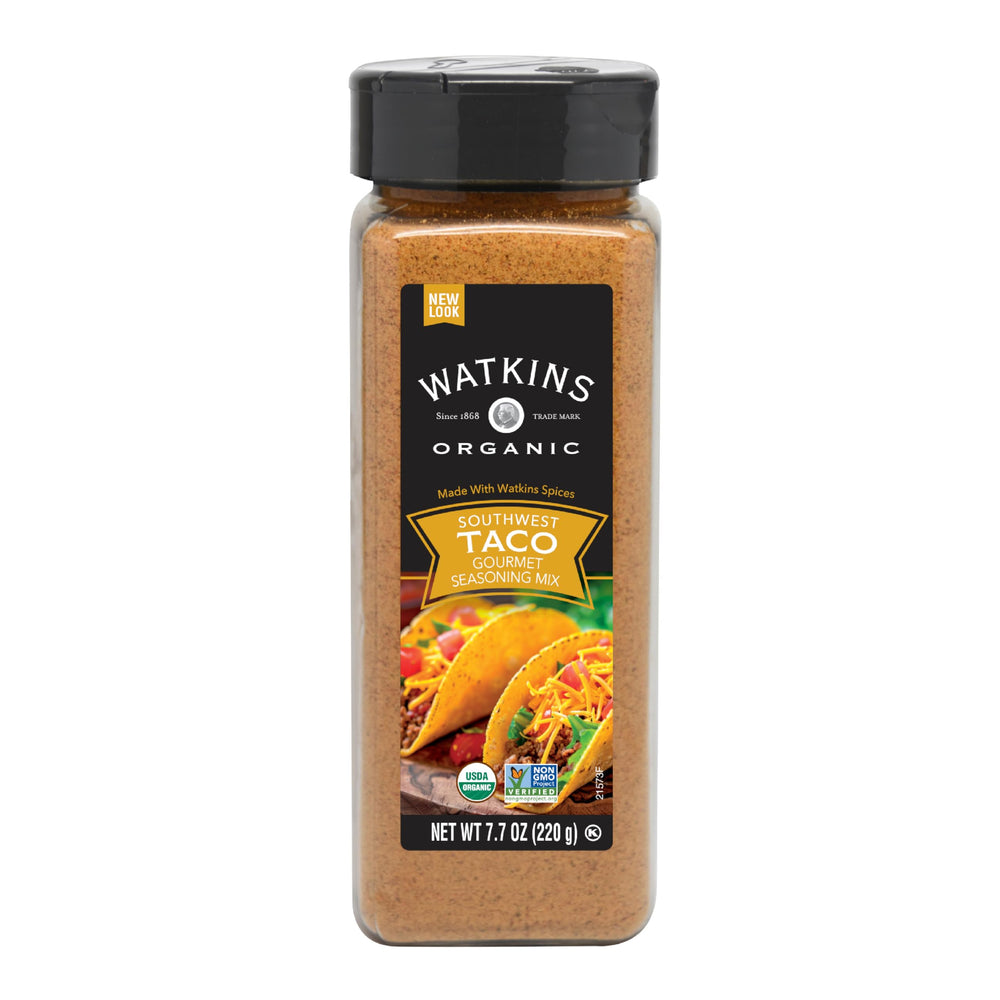 Watkins Organic Taco Seasoning bottle front enhances weeknight tacos