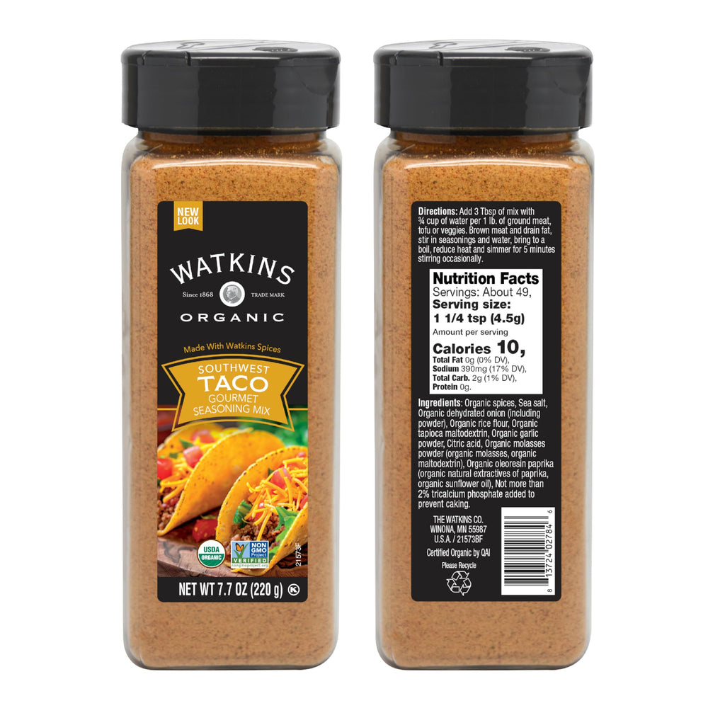 Watkins Organic Taco Seasoning being poured over a sizzling skillet