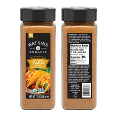 Watkins Organic Taco Seasoning being poured over a sizzling skillet