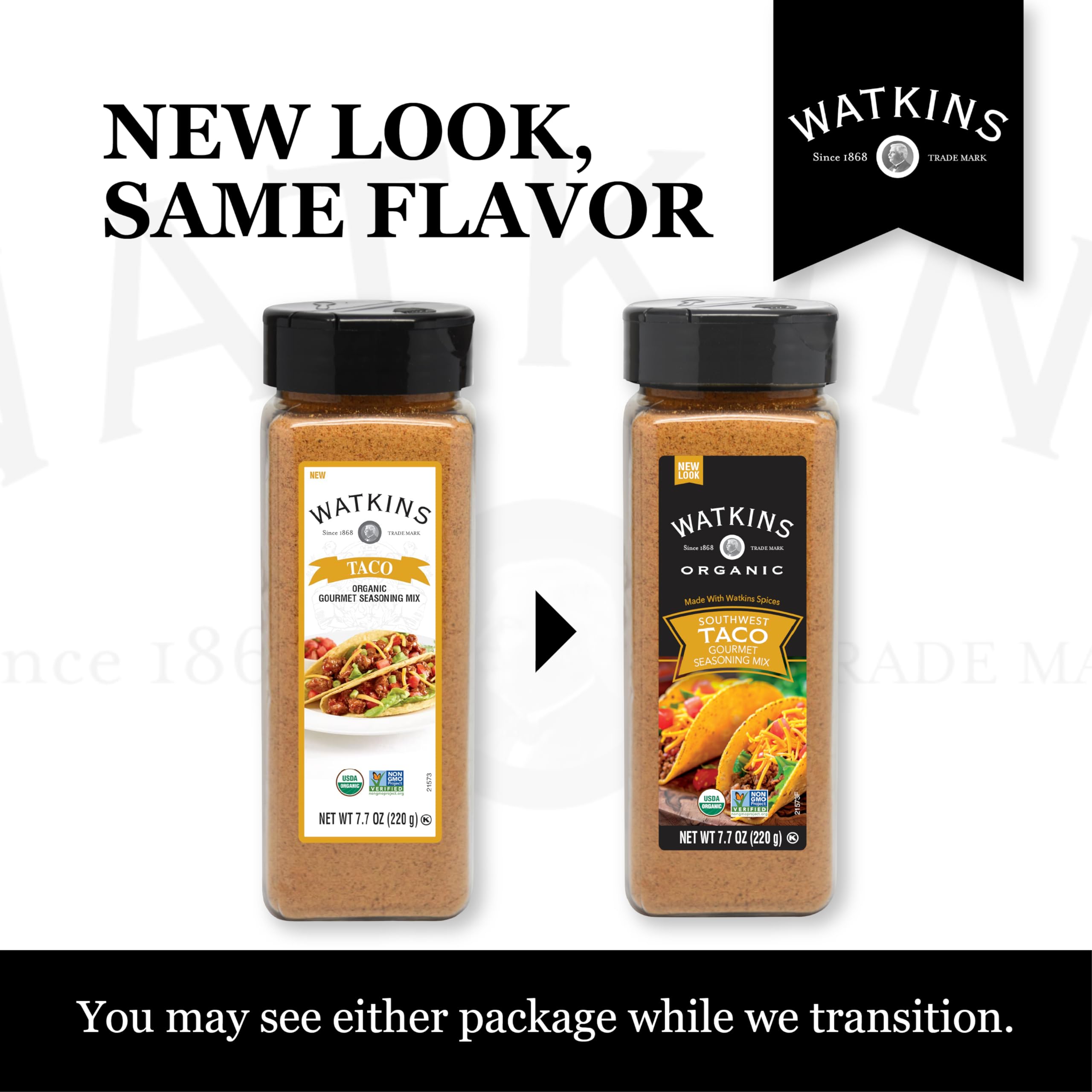 Watkins Organic Taco Seasoning bottle and recyclable packaging shown