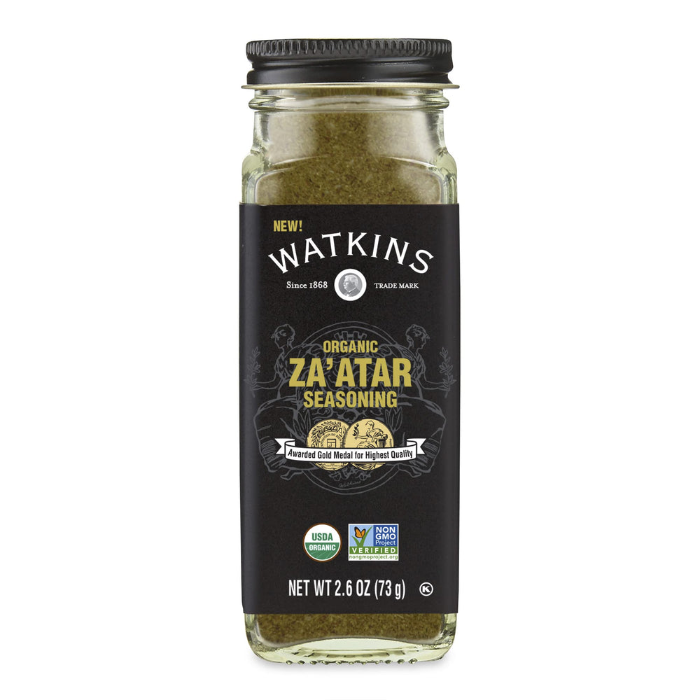 Watkins Organic Za'atar seasoning bottle adds savory depth to grilling and dipping.