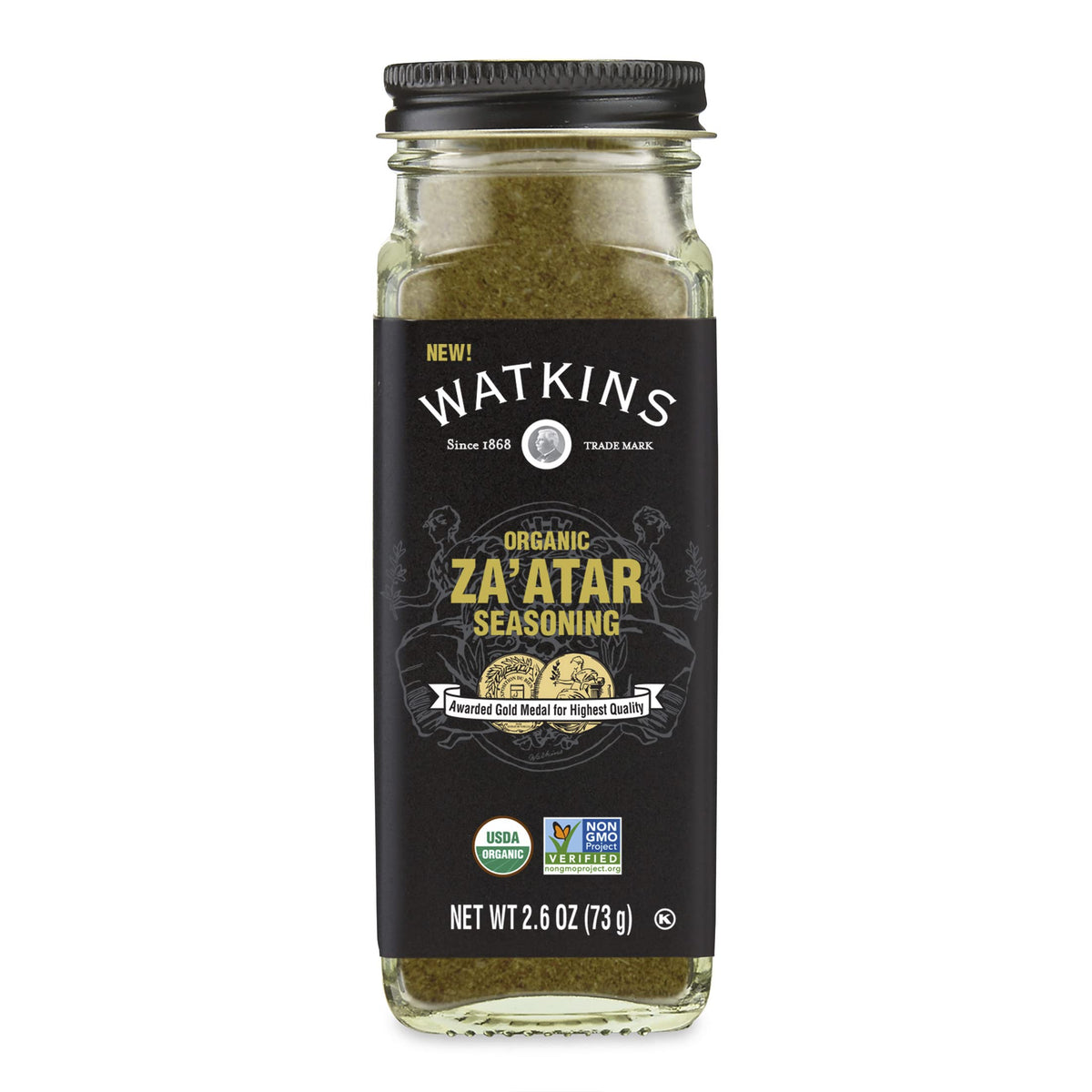 Watkins Organic Za'atar seasoning bottle adds savory depth to grilling and dipping.