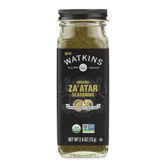 Watkins Organic Za'atar seasoning bottle adds savory depth to grilling and dipping.