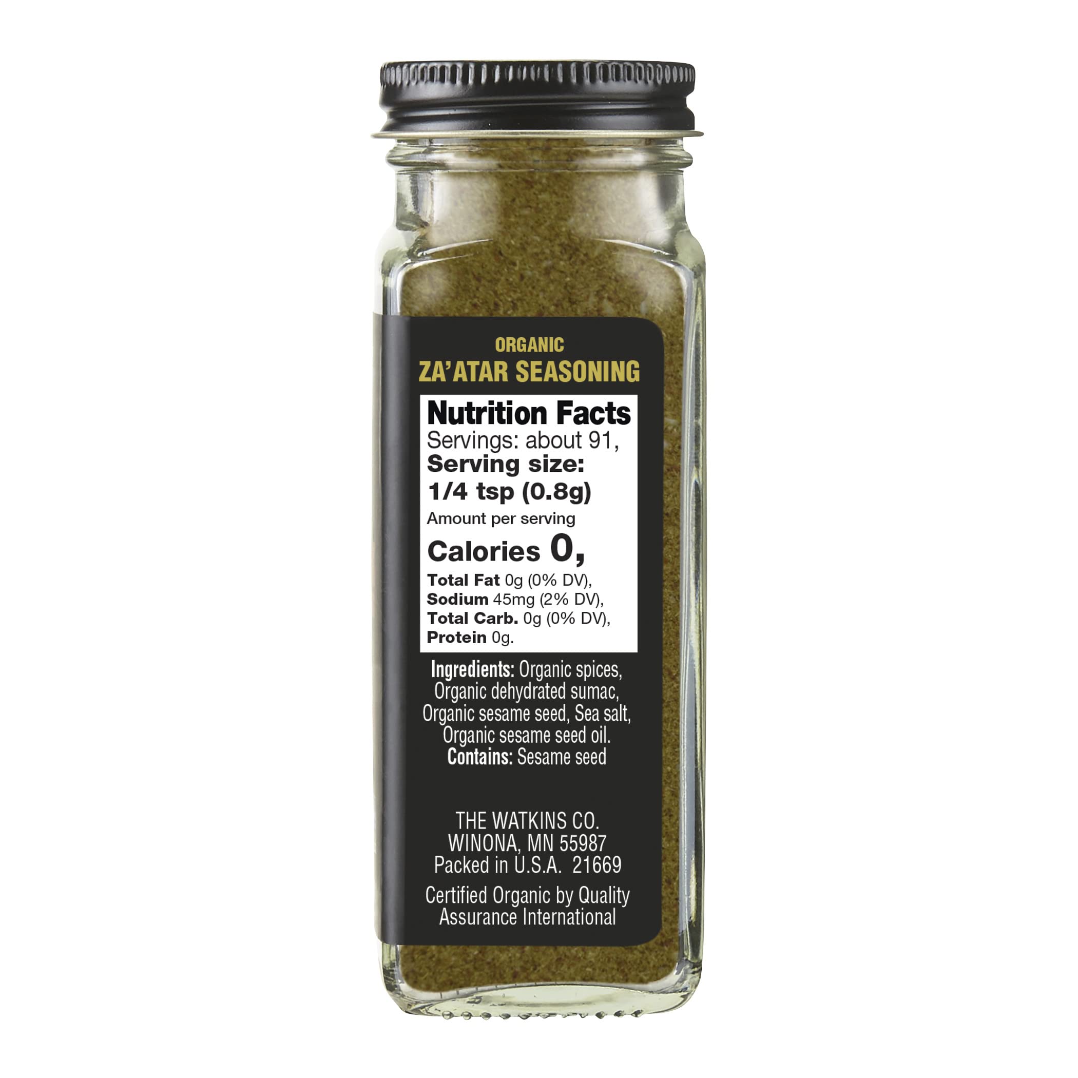 Close-up of Watkins Organic Za'atar spices highlighting premium herbs for elevated flavor.