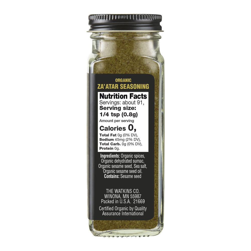 Close-up of Watkins Organic Za'atar spices highlighting premium herbs for elevated flavor.