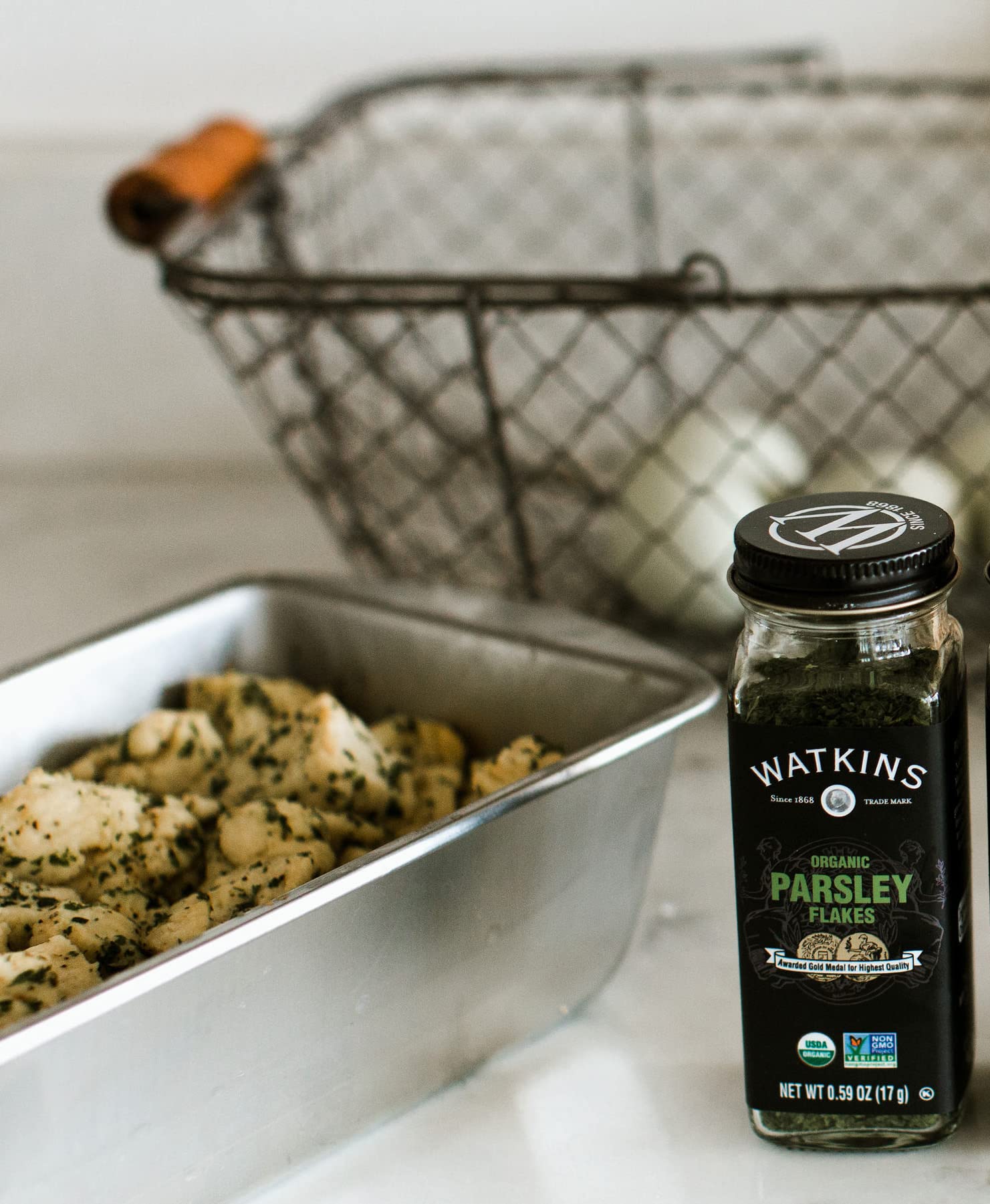 Watkins Parsley Flakes label highlighting gluten-free and kosher status