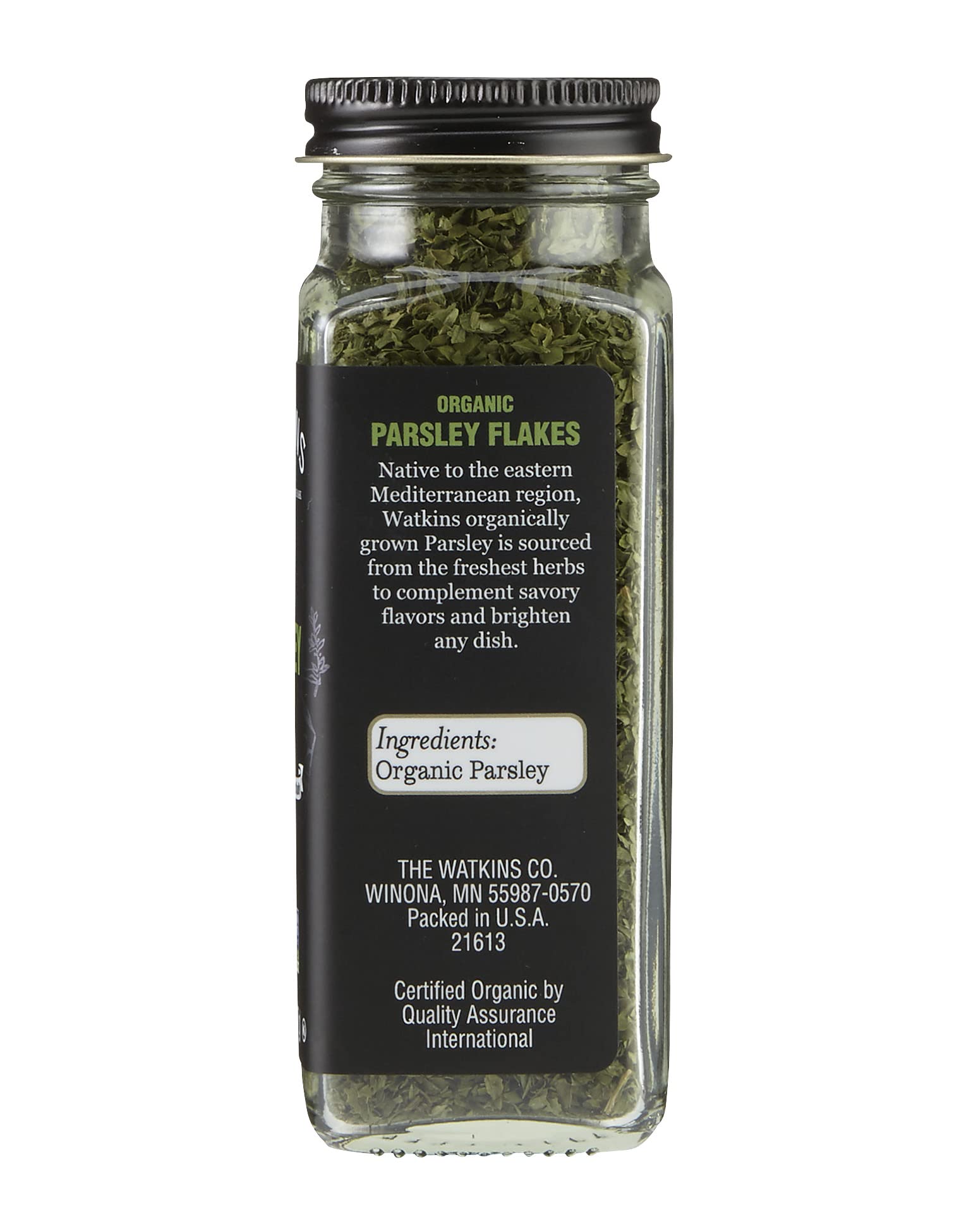 Watkins Parsley Flakes jar front view in a tidy spice display