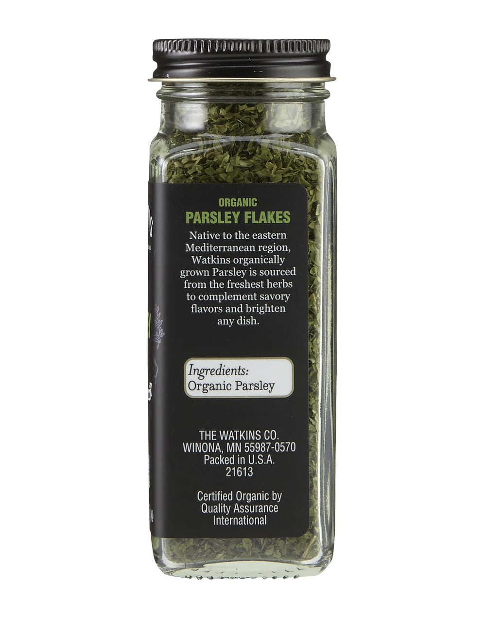 Watkins Parsley Flakes jar front view in a tidy spice display