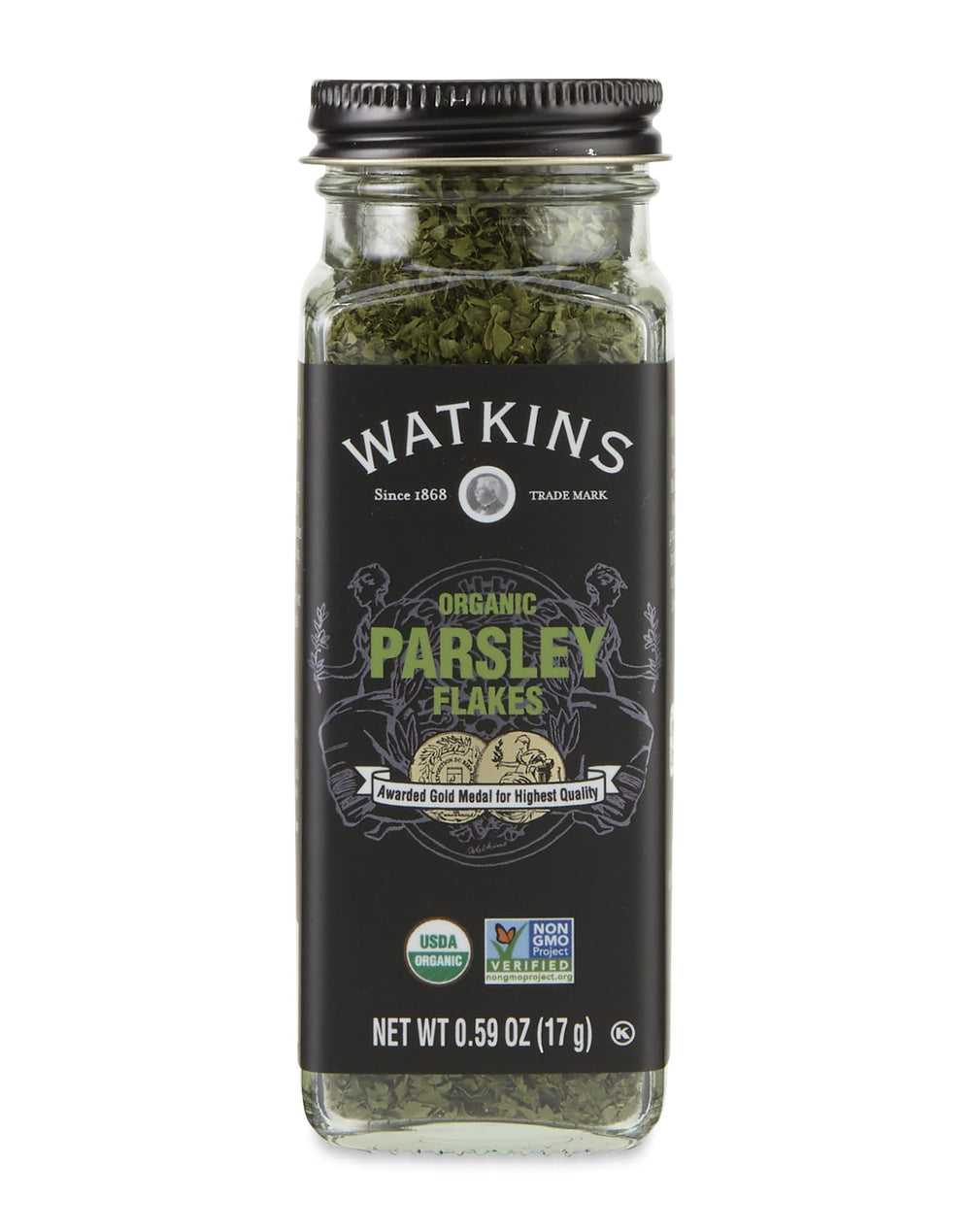 Watkins Parsley Flakes jar label closeup showing organic and non-GMO quality for garnish