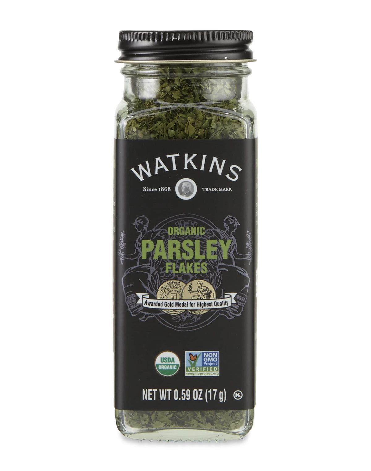 Watkins Parsley Flakes jar label closeup showing organic and non-GMO quality for garnish