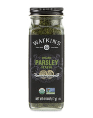 Watkins Parsley Flakes jar label closeup showing organic and non-GMO quality for garnish